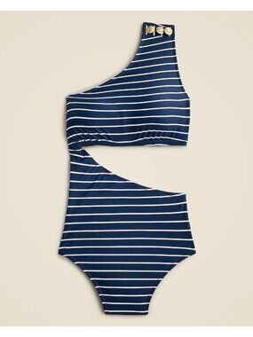J. Crew Women’s Size 6 Blue White Stripe Cutout One-Shoulder Swimsuit Nautical